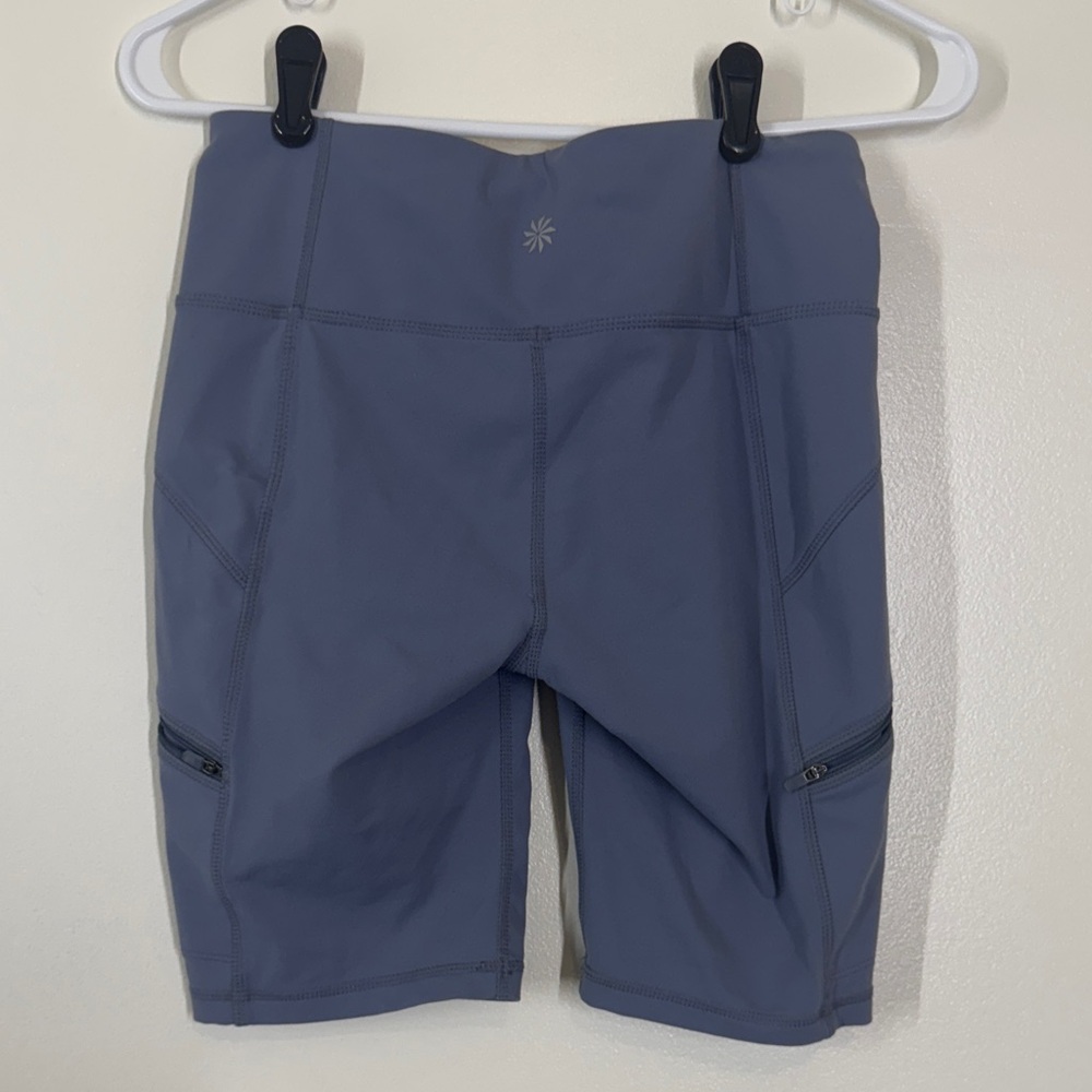 Athleta Women's gray/blue Bike Shorts Small with zipper pockets on thigh EUC - Picture 5 of 13